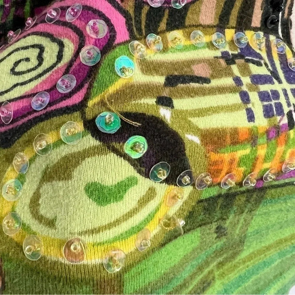 Take Two Abstract Townscape Blouse 1X Beaded Sequins Colorful Stripe 100% Cotton - Picture 5 of 9